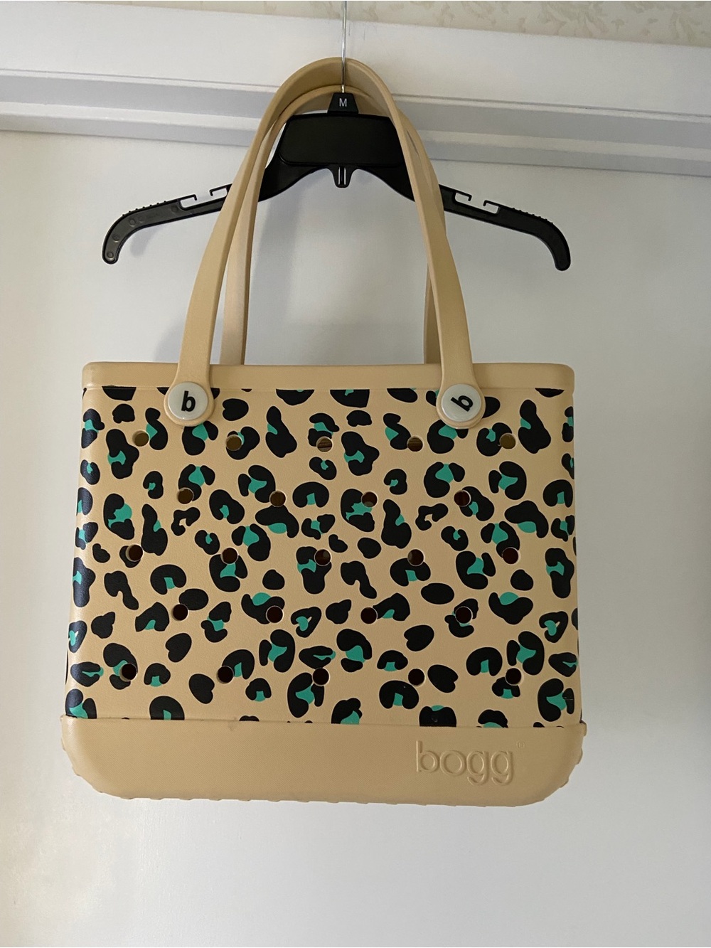 BOGG BAG Beige Leopard Tote with Teal and Black Spots